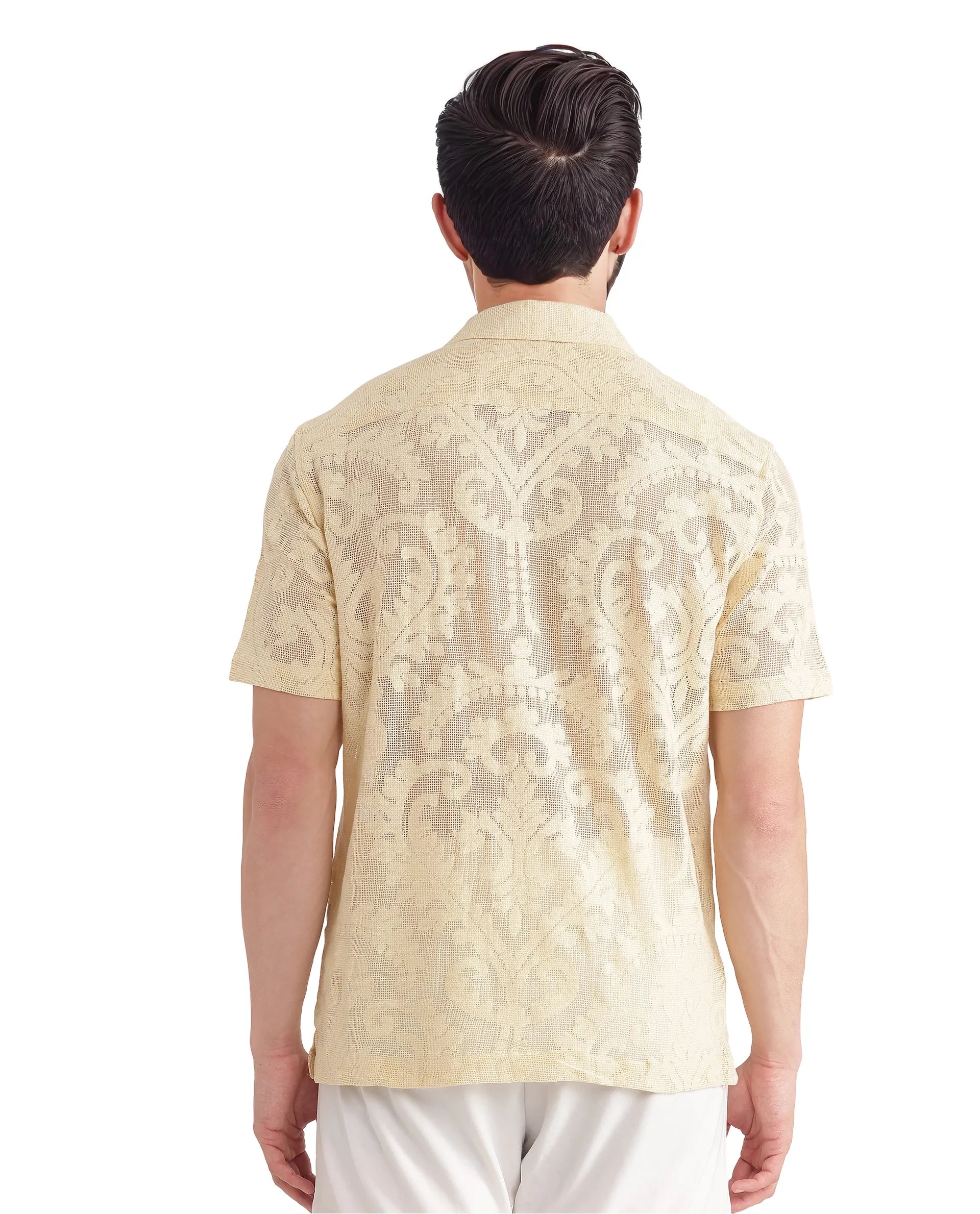 Rare Rabbit Men's Kiv Light Yellow Cotton Textured Boxy Fit Half Sleeve Cuban Collar Shirt