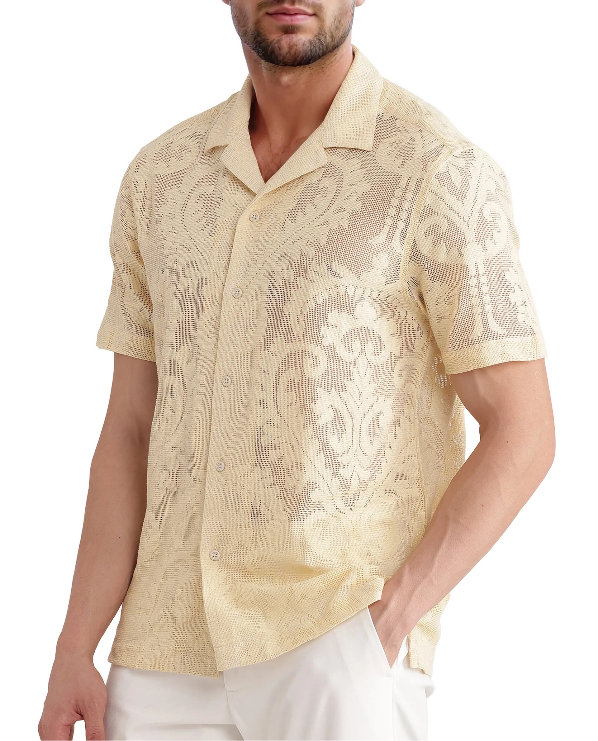 Rare Rabbit Men's Kiv Light Yellow Cotton Textured Boxy Fit Half Sleeve Cuban Collar Shirt