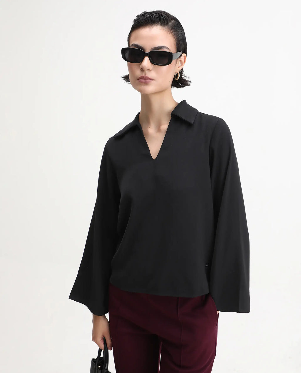Rareism Women's Klamma Black Satin Johnny Collar Plain Regular Fit Top