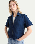 Rareism Women's Klappy Navy Viscose Blend Drop Collar Plain Crop Regular Fit Top