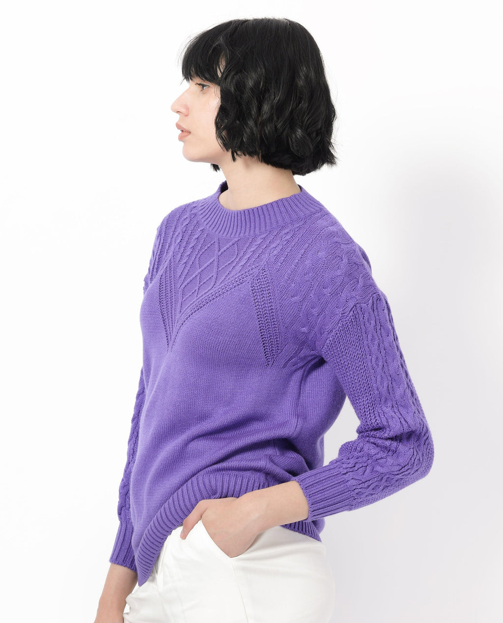 Rareism Women's Klein Purple Acrylic Crew Neck Plain Regular Fit Sweater