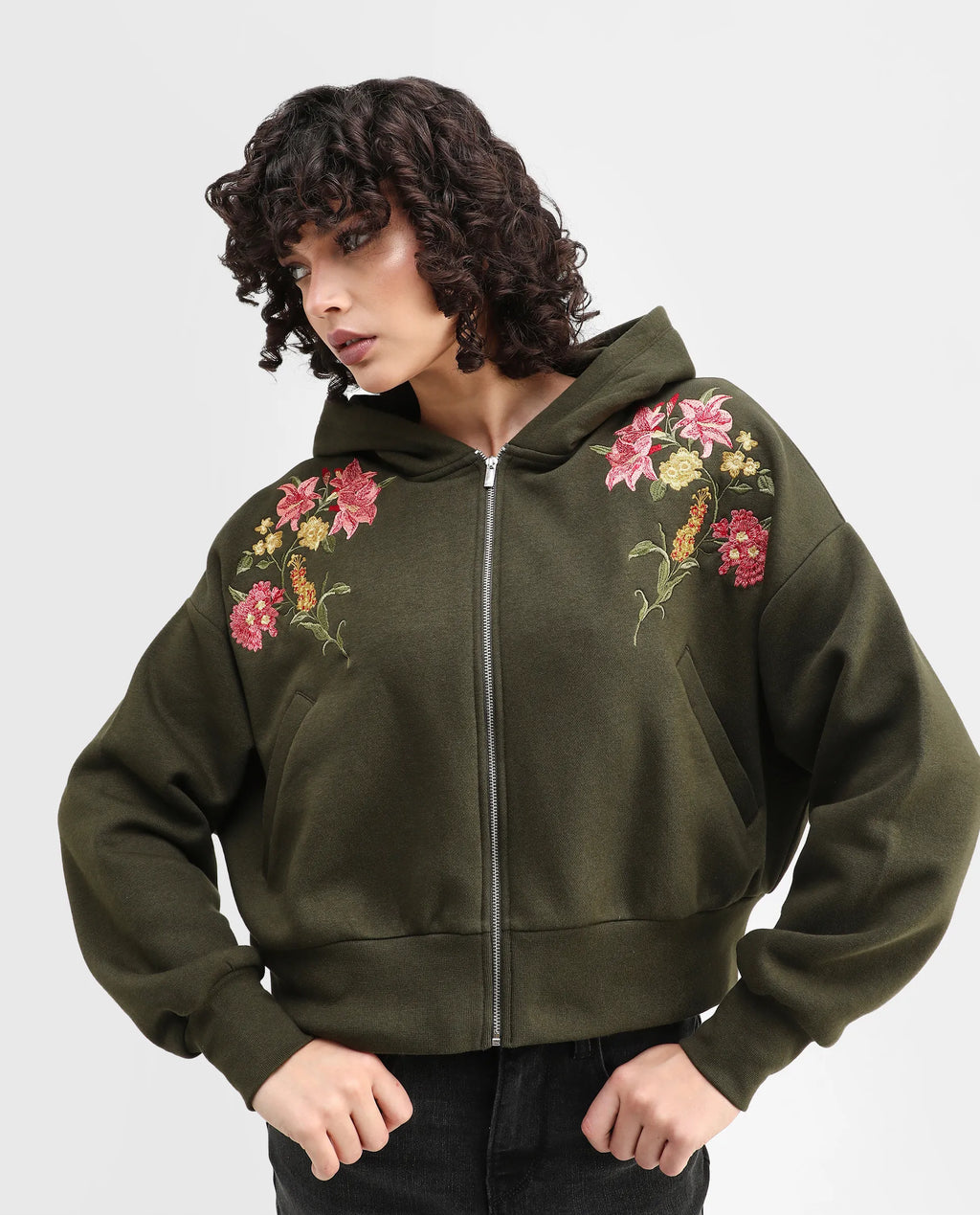 Rareism Women's Klio Dark Olive Cotton Blend Hooded Oversize Fit Printed Sweatshirt