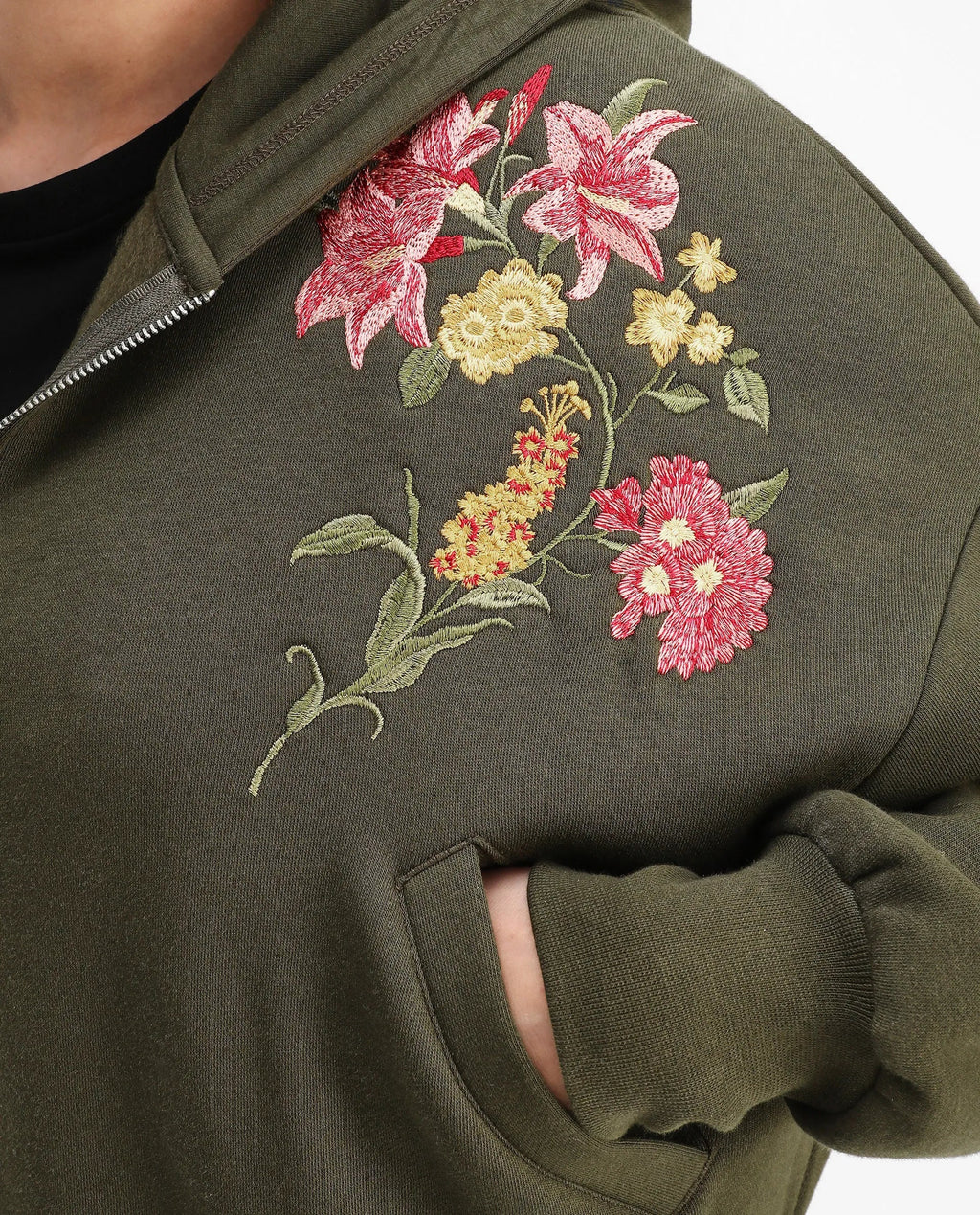 Rareism Women's Klio Dark Olive Cotton Blend Hooded Oversize Fit Printed Sweatshirt