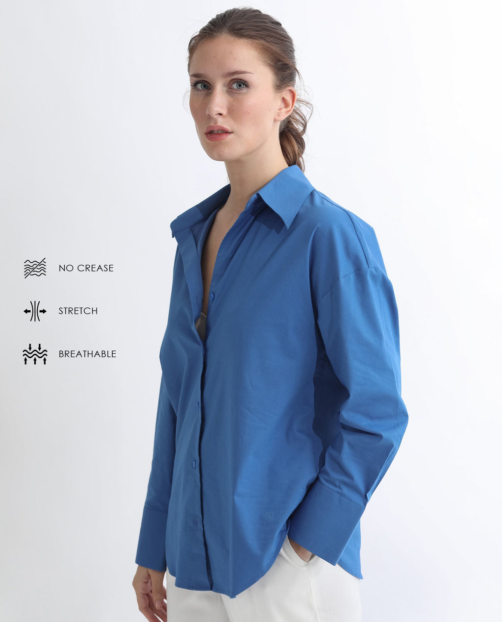 Rareism Women's Klox Dark Blue Cotton Spread Collar Plain Cuffed Sleeve Regular Fit Shirt