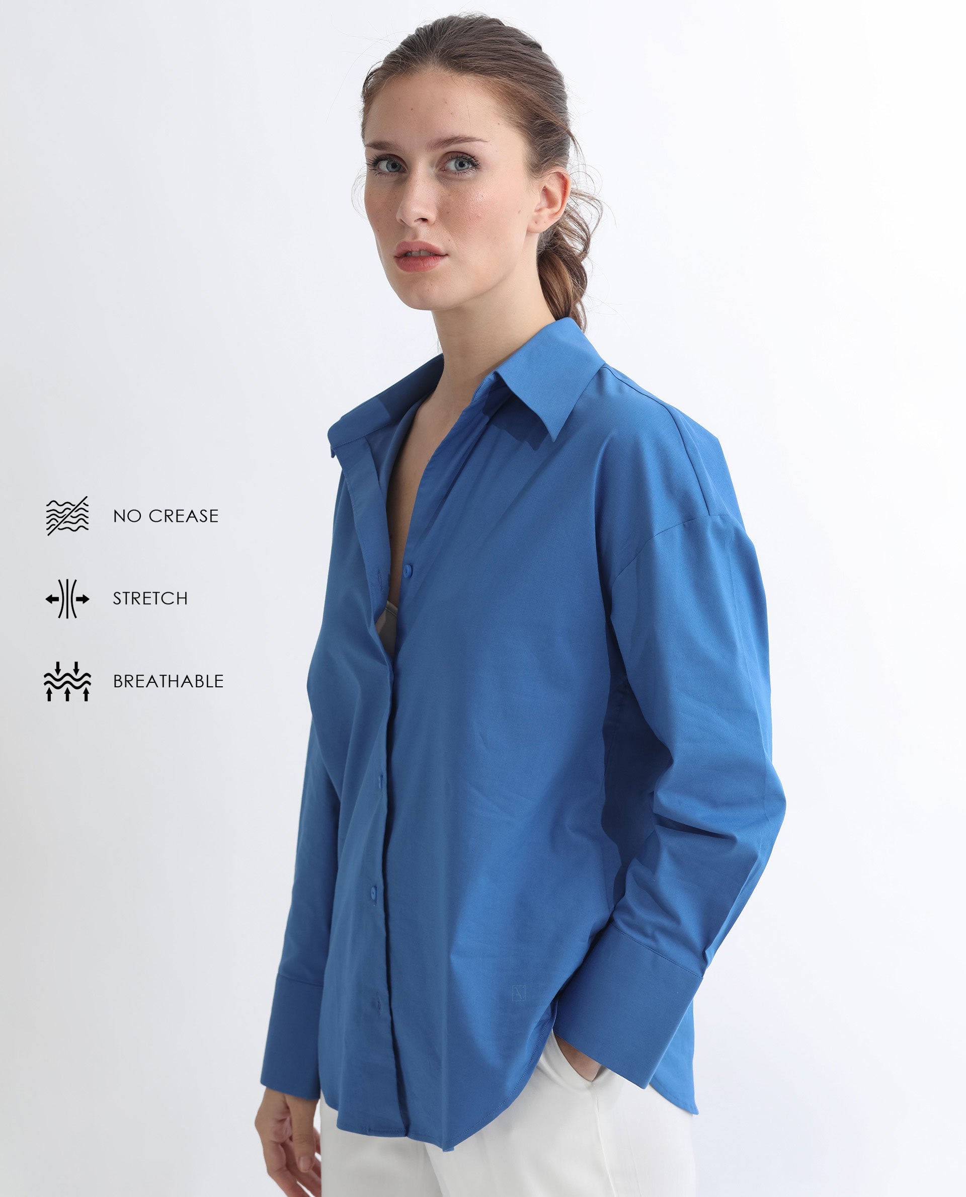 Rareism Women's Klox Dark Blue Cotton Spread Collar Plain Cuffed Sleeve Regular Fit Shirt