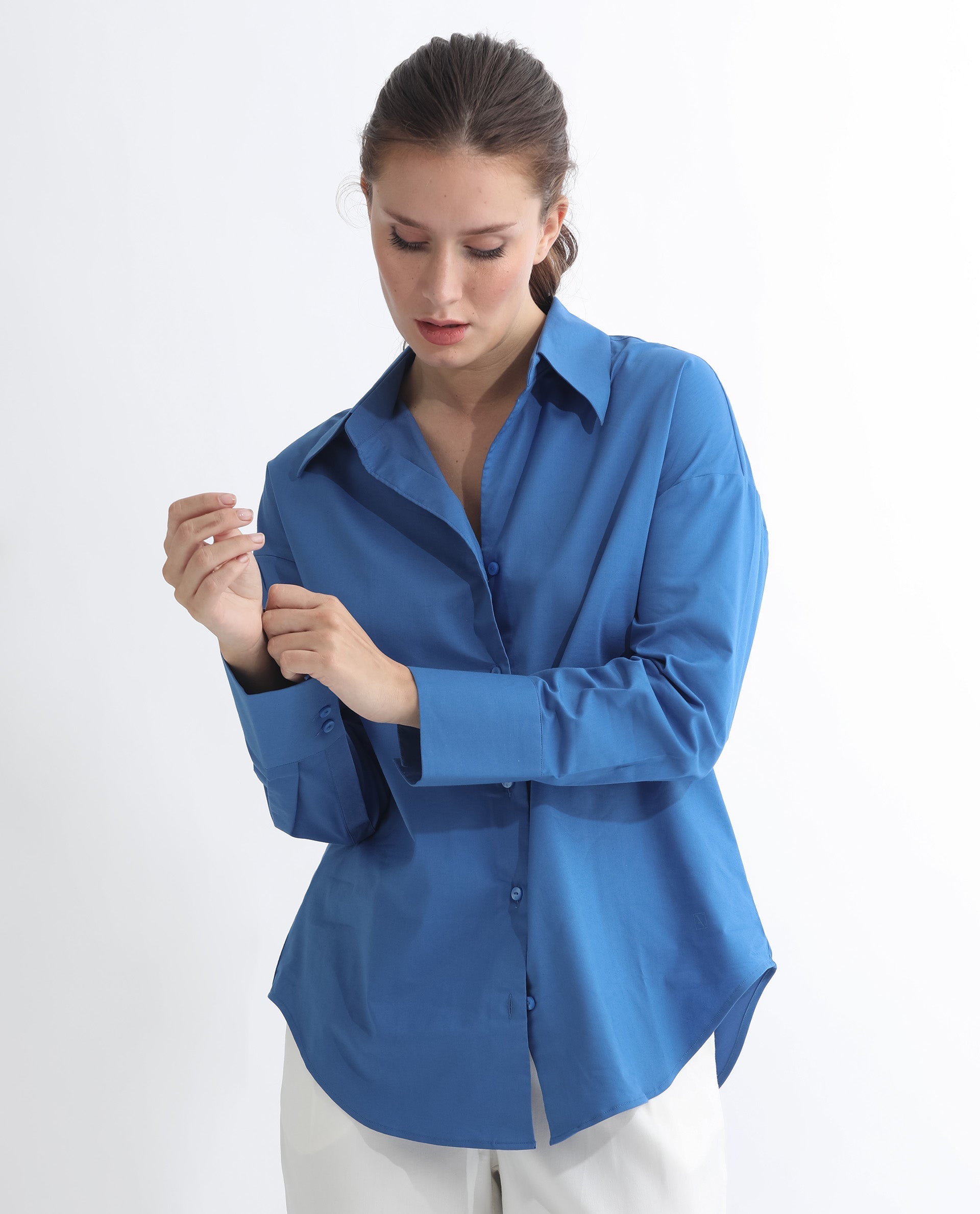 Rareism Women's Klox Dark Blue Cotton Spread Collar Plain Cuffed Sleeve Regular Fit Shirt