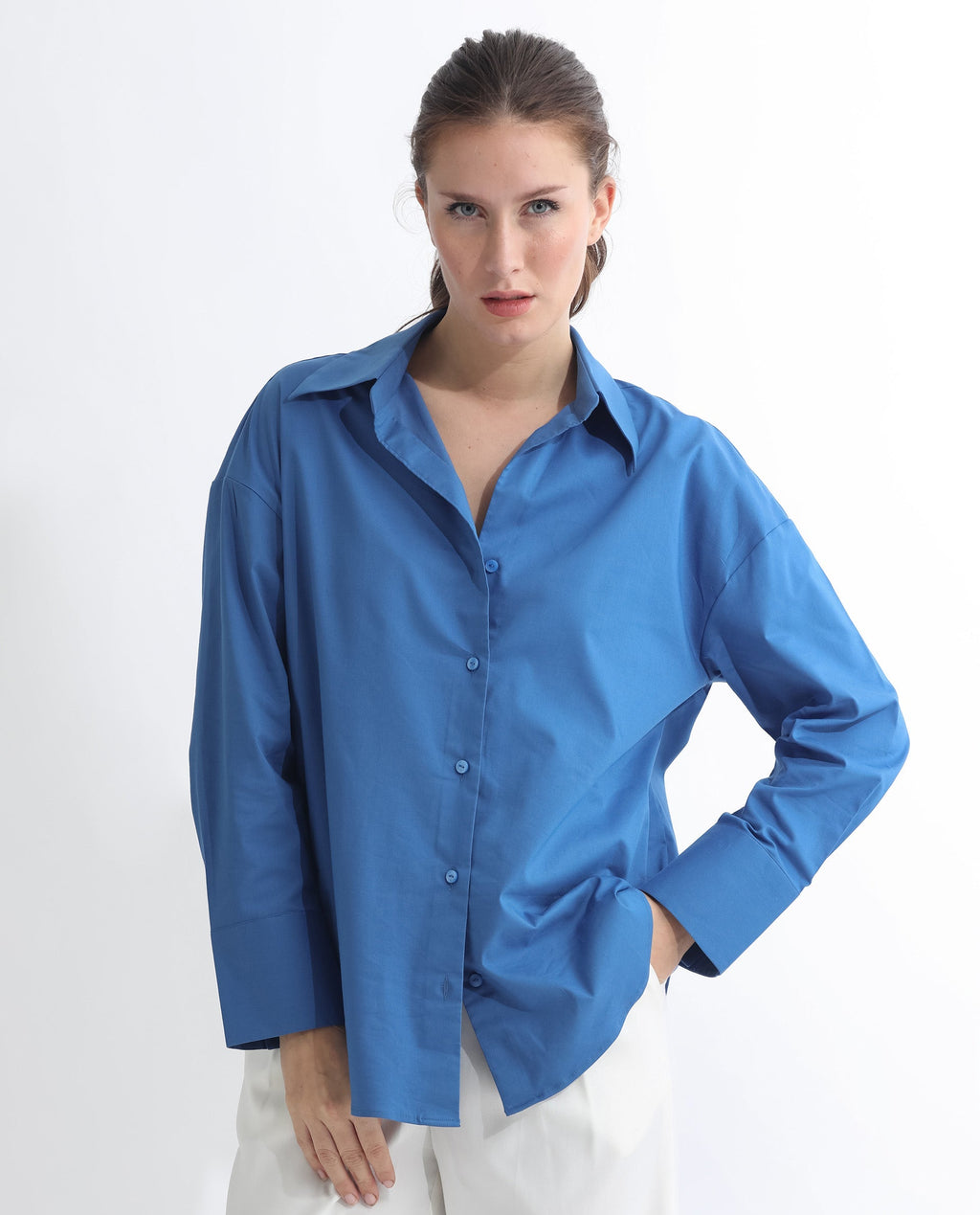 Rareism Women's Klox Dark Blue Cotton Spread Collar Plain Cuffed Sleeve Regular Fit Shirt