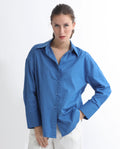 Rareism Women's Klox Dark Blue Cotton Spread Collar Plain Cuffed Sleeve Regular Fit Shirt