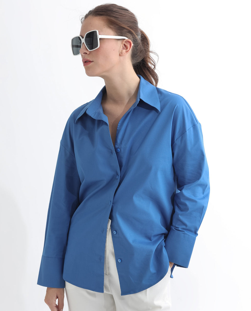 Rareism Women's Klox Dark Blue Cotton Spread Collar Plain Cuffed Sleeve Regular Fit Shirt