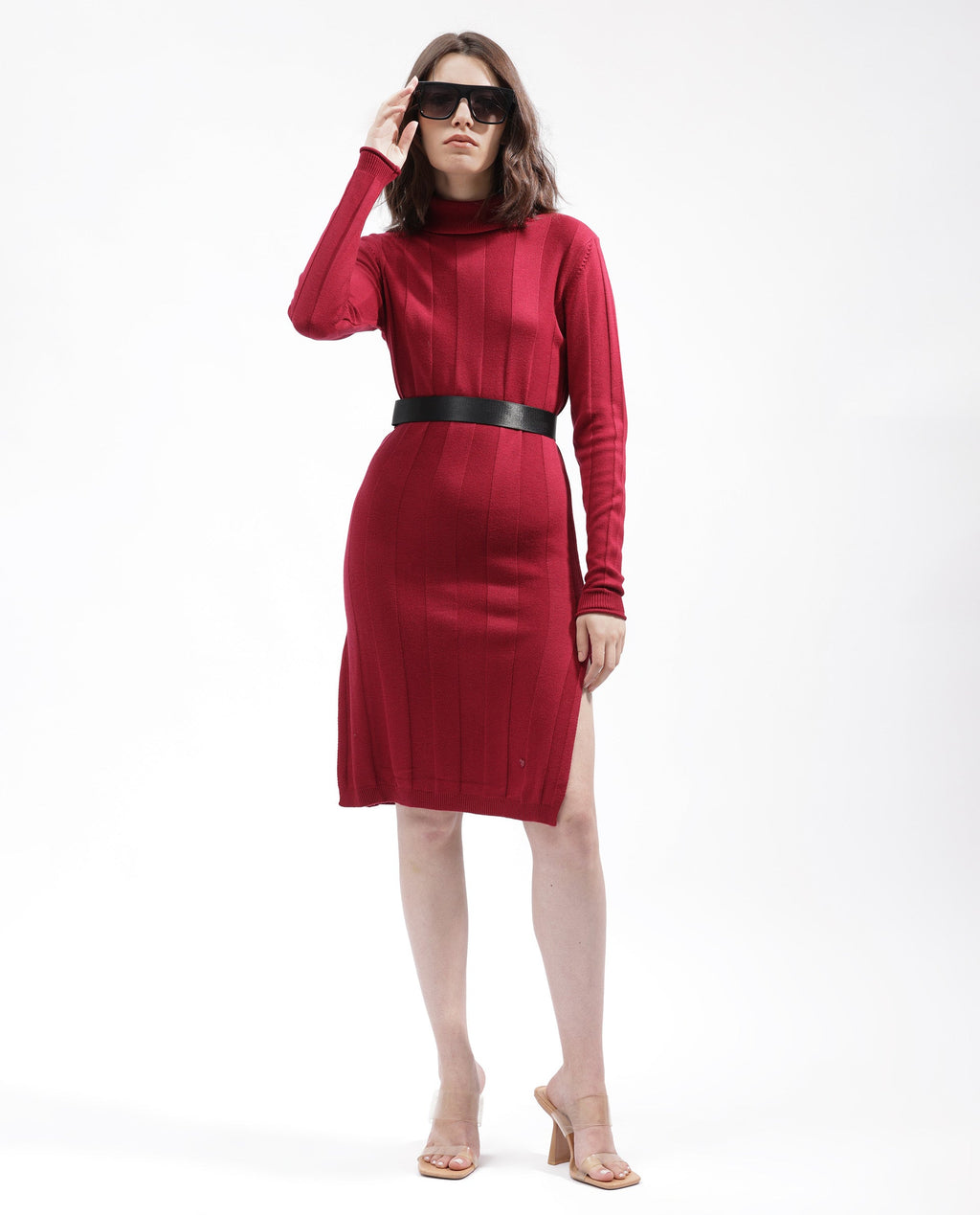 Rareism Women's Knitka Red Cotton Turtle Neck Striped Knee Length Regular Fit Sweater