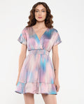 Rareism Women's Kobzy Multi Polyester V-Neck Abstract Print Extended Sleeves Knee Length Fit And Flare Dress