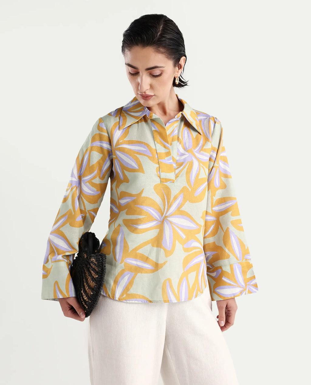 Rareism Women's Kofianie Brown Cotton Blend Drop Collar Abstract Print Bell Sleeve Regular Fit Top