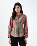 Rareism Women's Kolvo Multi Cotton Spread Collar Striped Bishop Sleeve Regular Fit Top