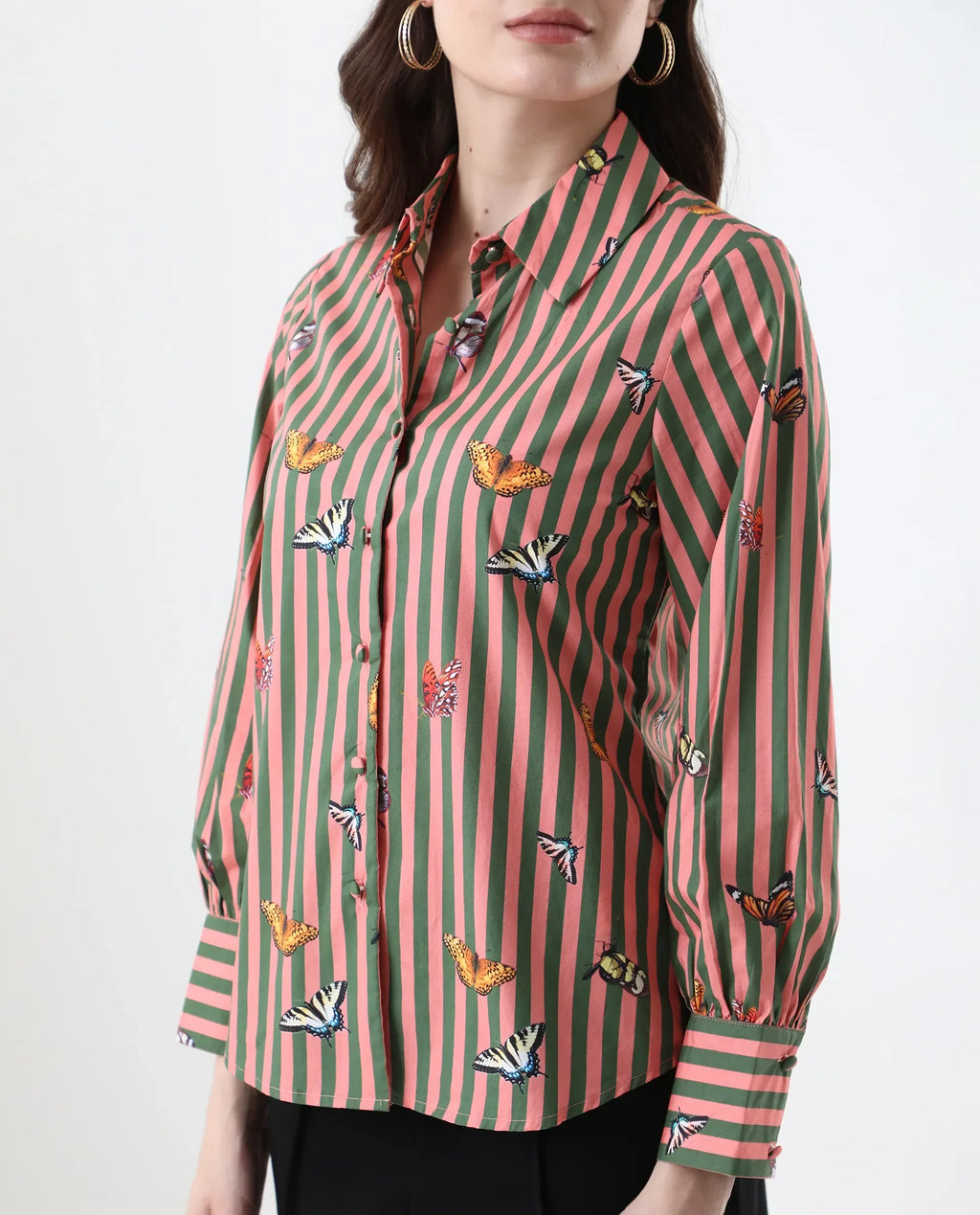 Rareism Women's Kolvo Multi Cotton Spread Collar Striped Bishop Sleeve Regular Fit Top