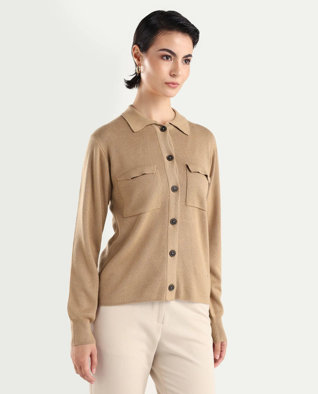 Rareism Women's Korn Dark Beige Viscose Spread Collar Plain Regular Fit Sweater