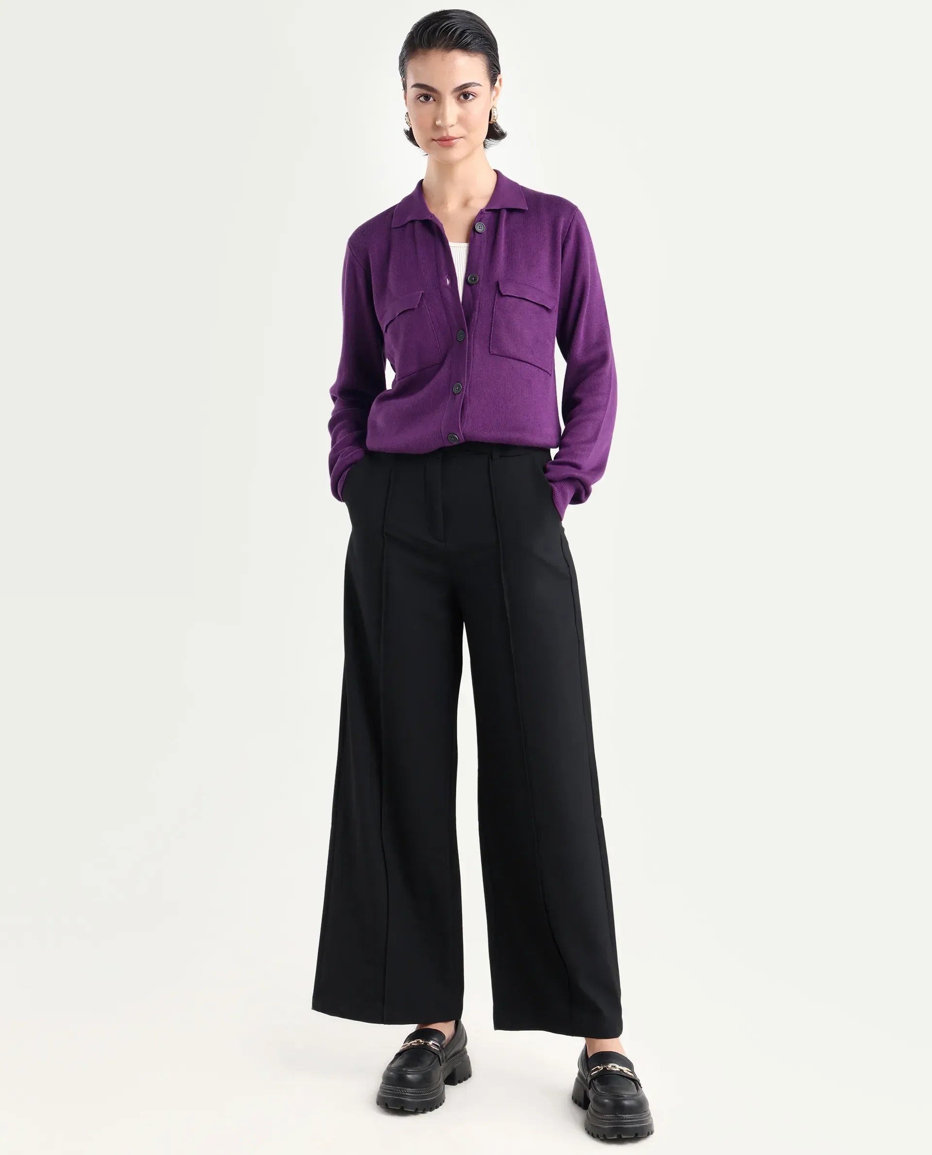 Rareism Women's Korn Purple Viscose Spread Collar Plain Regular Fit Sweater