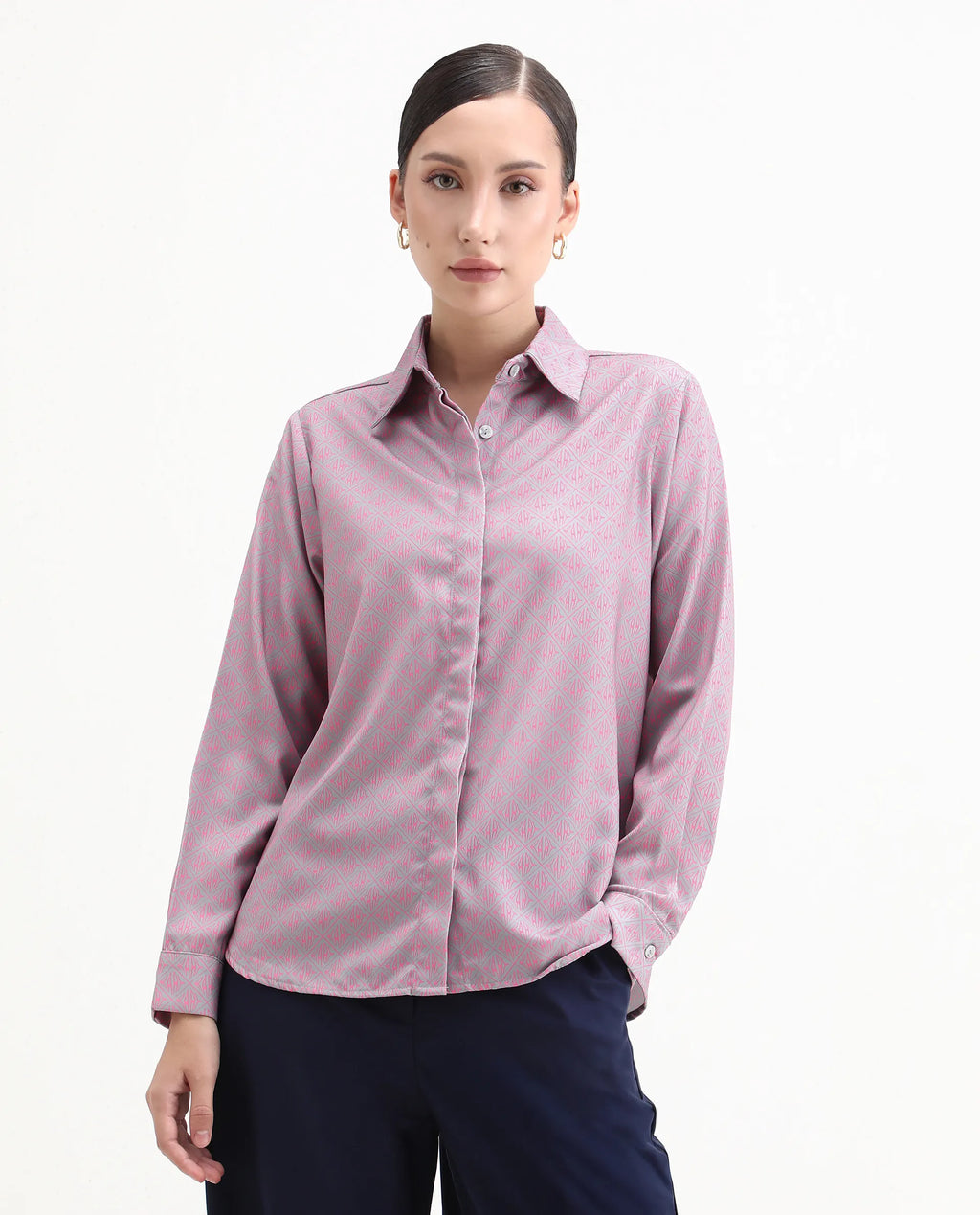 Rareism Women's Korre Pink Satin Spread Collar Monogram Print Cuffed Sleeve Boxy Fit Top