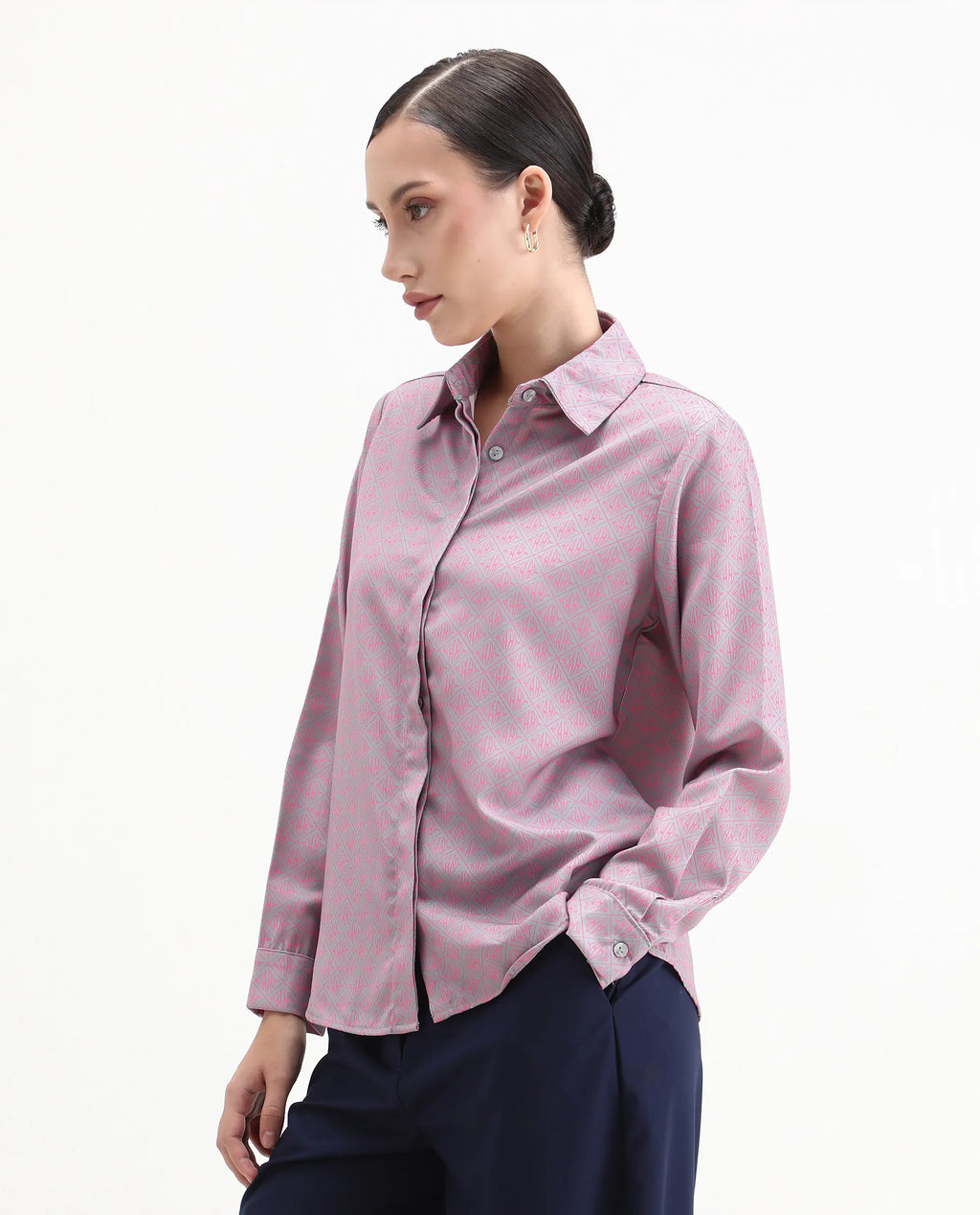 Rareism Women's Korre Pink Satin Spread Collar Monogram Print Cuffed Sleeve Boxy Fit Top