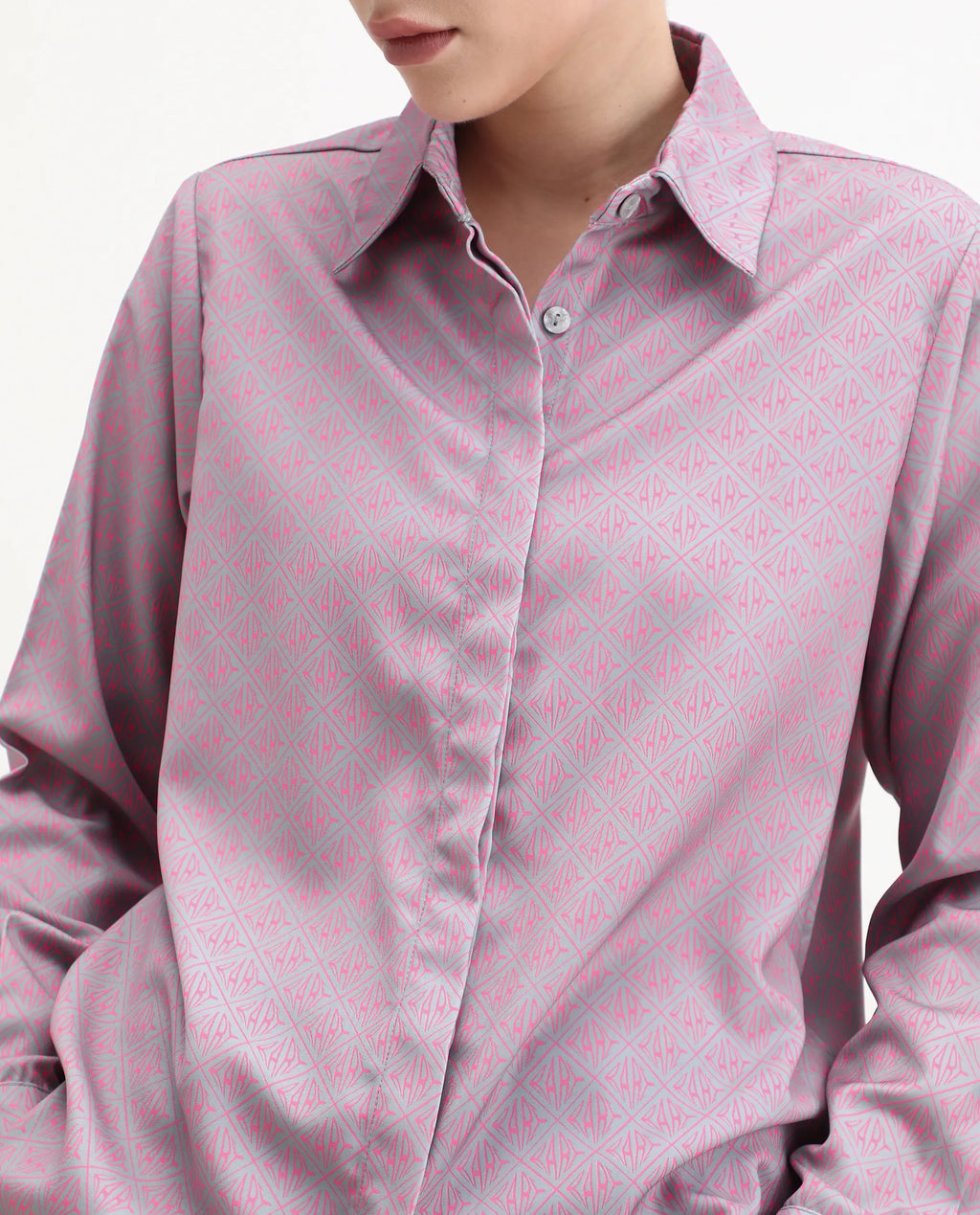 Rareism Women's Korre Pink Satin Spread Collar Monogram Print Cuffed Sleeve Boxy Fit Top