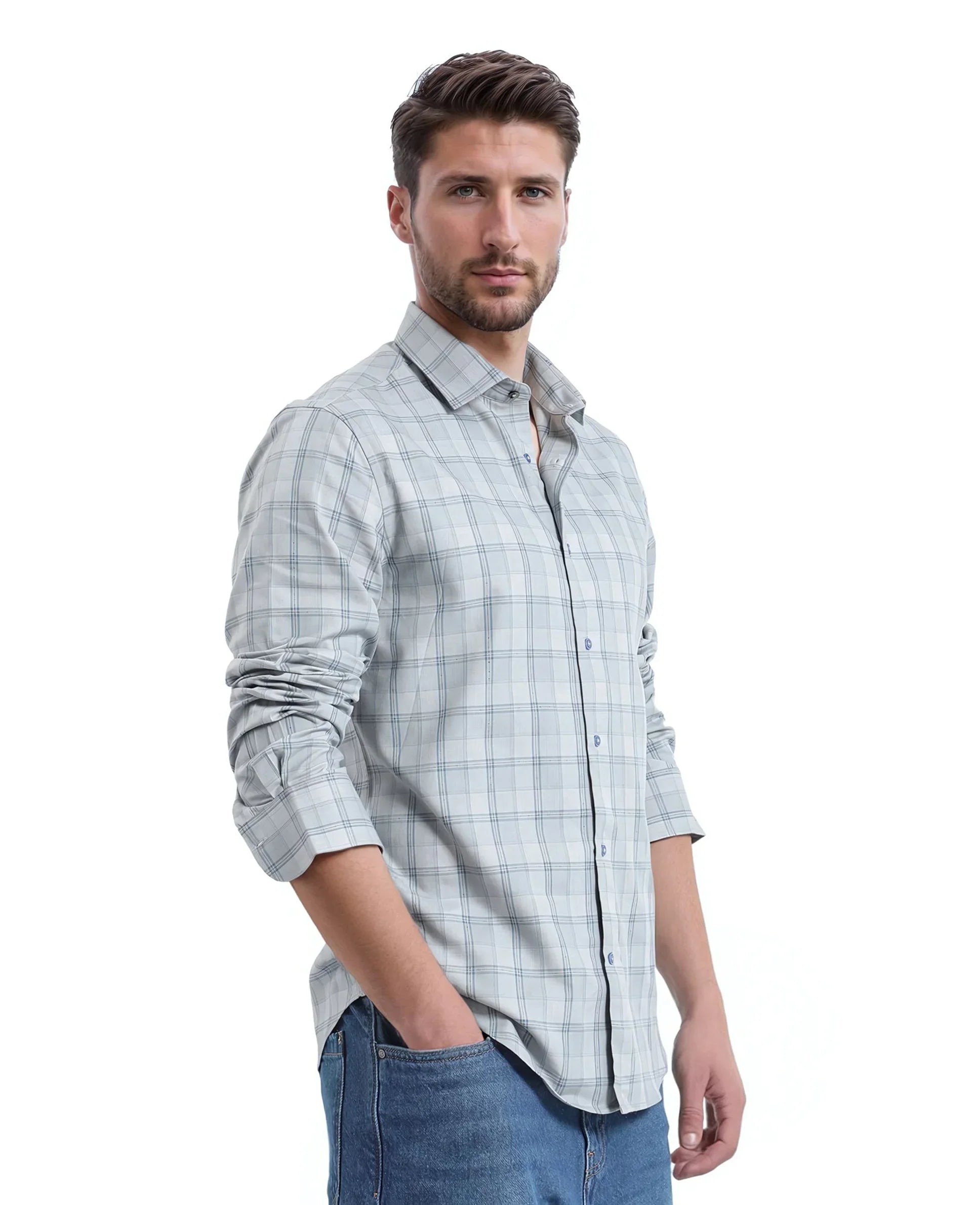 Rare Rabbit Men's Koten Grey Cotton Checked Print Regular Fit Full Sleeve Collared Shirt