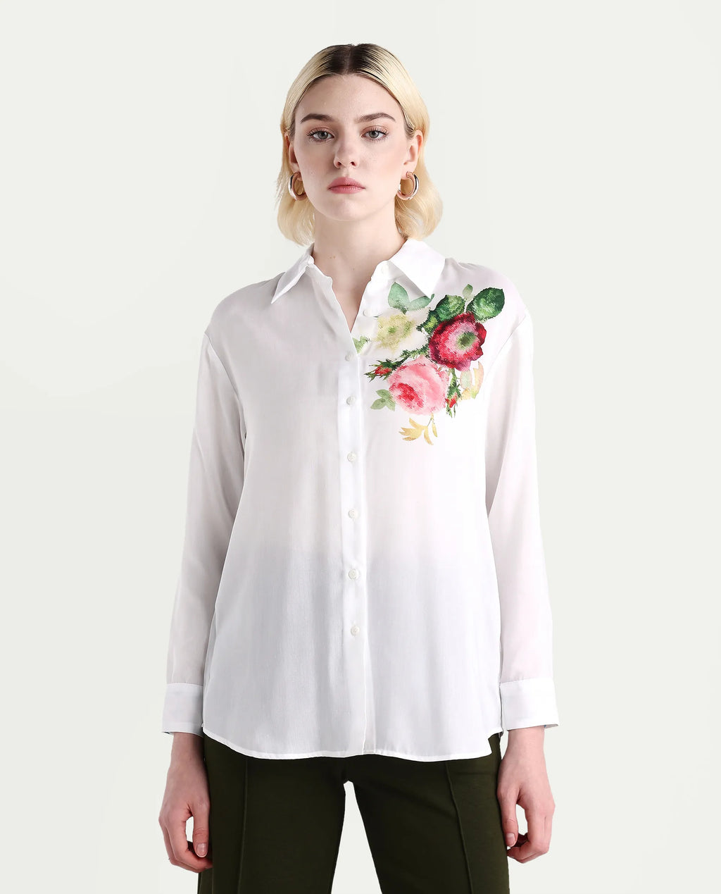 Rareism Women's Kraftt White Polyester Blend Drop Collar Floral Print Cuffed Sleeve Regular Fit Top