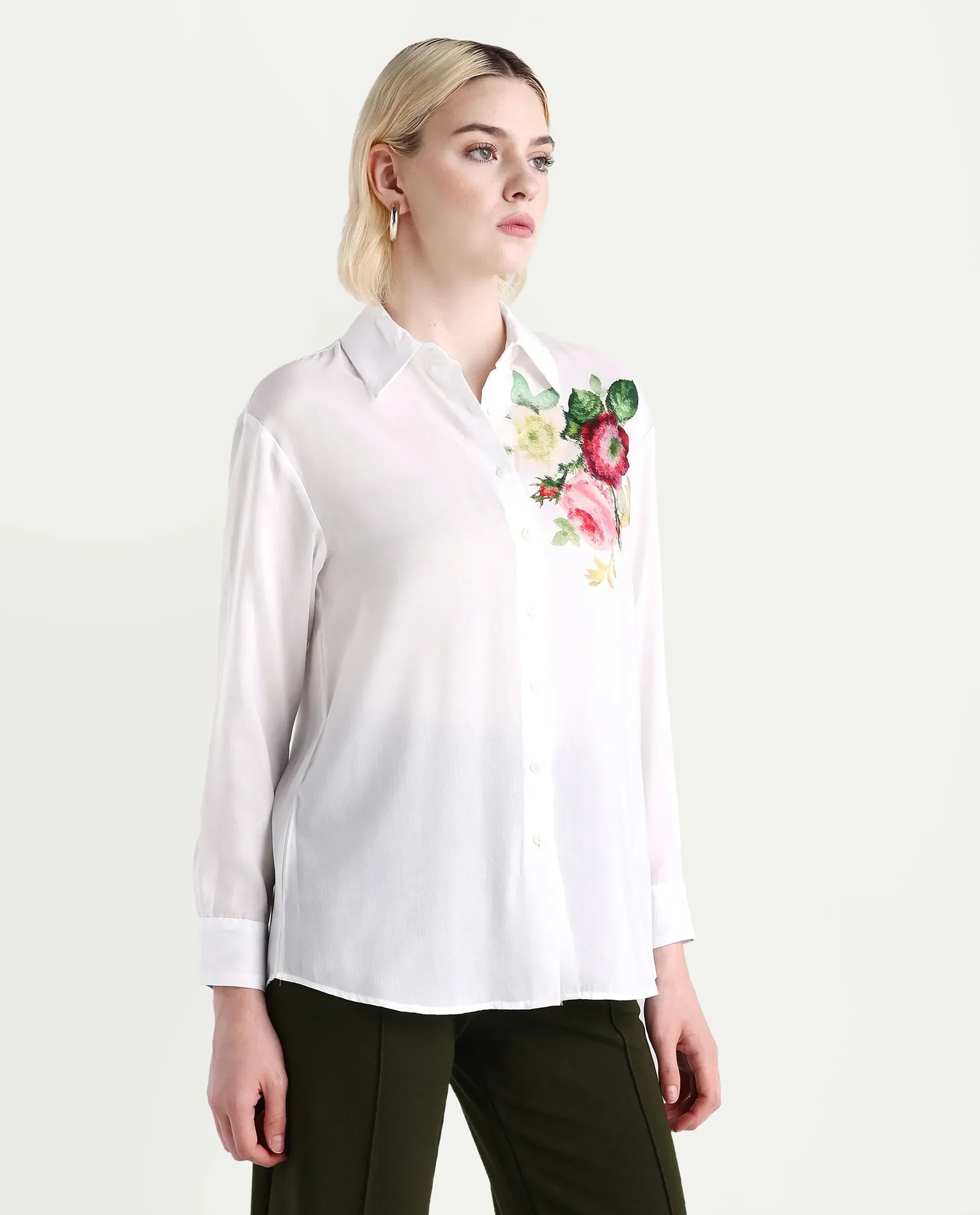Rareism Women's Kraftt White Polyester Blend Drop Collar Floral Print Cuffed Sleeve Regular Fit Top