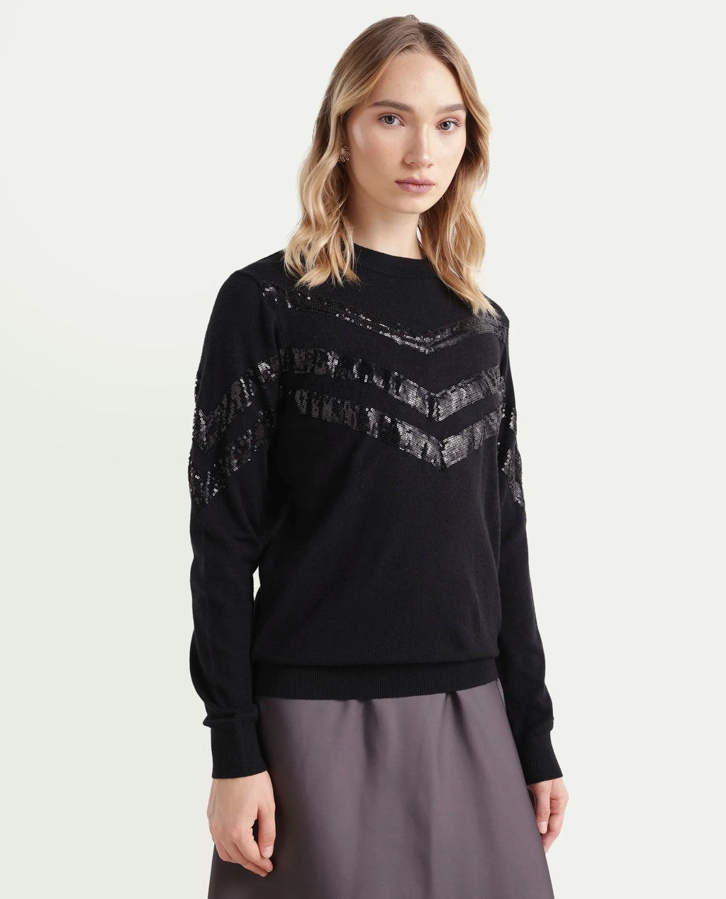 Rareism Women's Kran Black Viscose Crew Neck Embellished Regular Fit Sweater