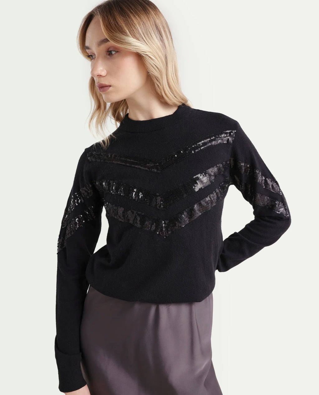 Rareism Women's Kran Black Viscose Crew Neck Embellished Regular Fit Sweater