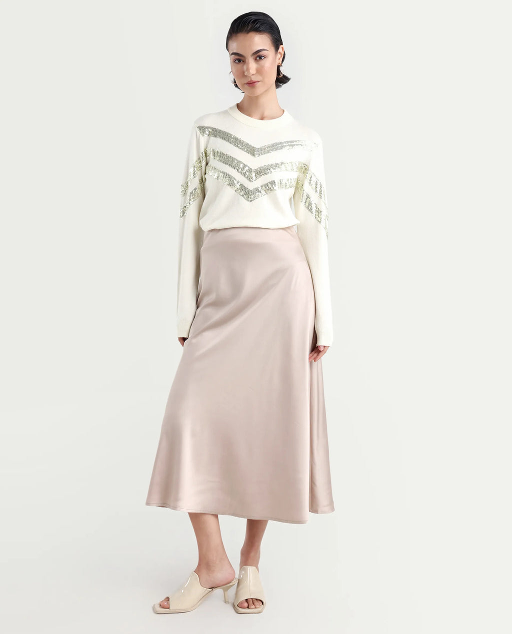 Rareism Women's Kran Off White Viscose Crew Neck Embellished Regular Fit Sweater