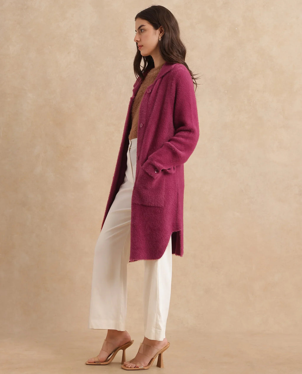 Rareism Women's Krataz Dusky Maroon Polyester Spread Collar Plain Cuffed Sleeve Knee Length Regular Fit Jacket