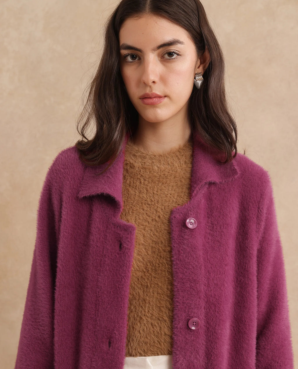Rareism Women's Krataz Dusky Maroon Polyester Spread Collar Plain Cuffed Sleeve Knee Length Regular Fit Jacket