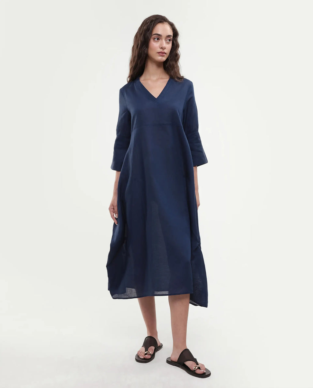 Rareism Women's Krick Navy Modal Blend V-Neck Plain Midi Relaxed Fit Dress