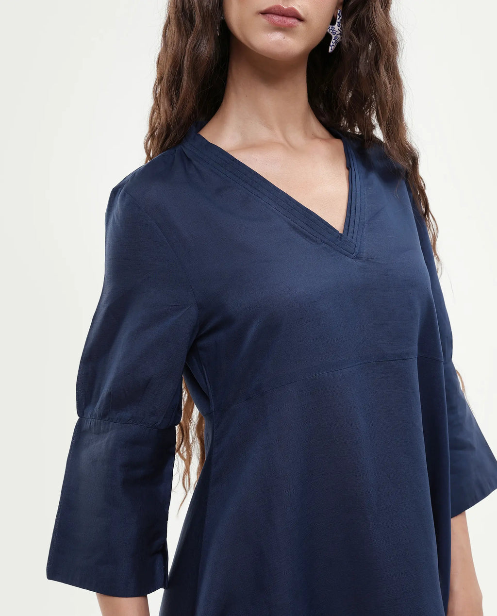 Rareism Women's Krick Navy Modal Blend V-Neck Plain Midi Relaxed Fit Dress