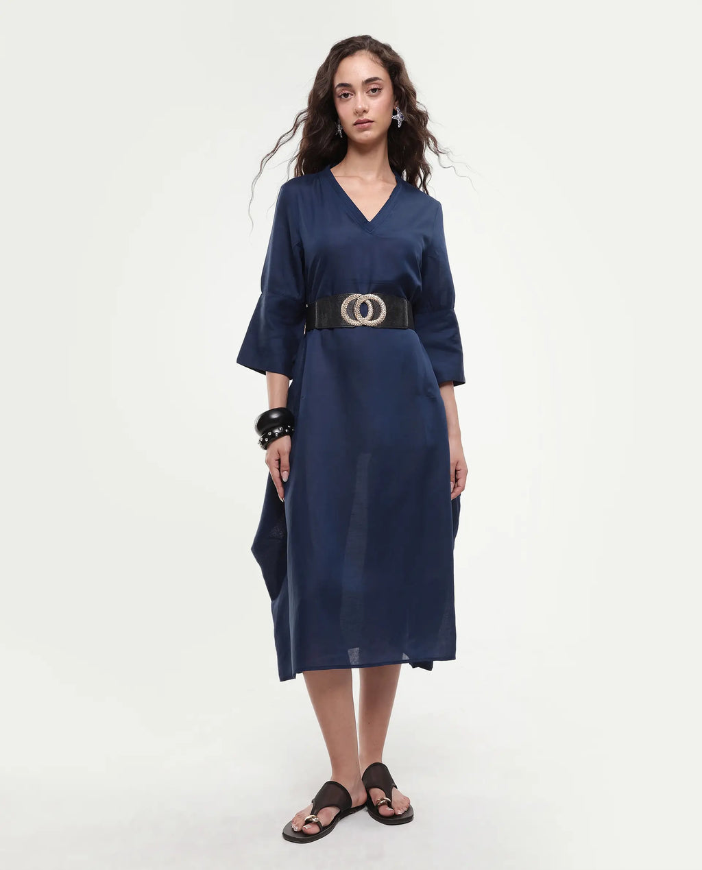 Rareism Women's Krick Navy Modal Blend V-Neck Plain Midi Relaxed Fit Dress