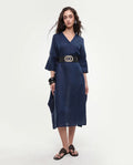 Rareism Women's Krick Navy Modal Blend V-Neck Plain Midi Relaxed Fit Dress