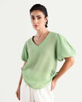 Rareism Women's Krien Light Green Polyester V-Neck Plain Balloon Sleeve Regular Fit Top