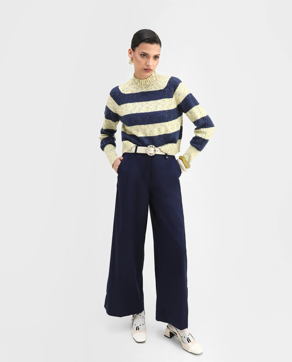 Rareism Women's Kris Light Yellow Acrylic Blend High Neck Striped Relaxed Fit Sweater