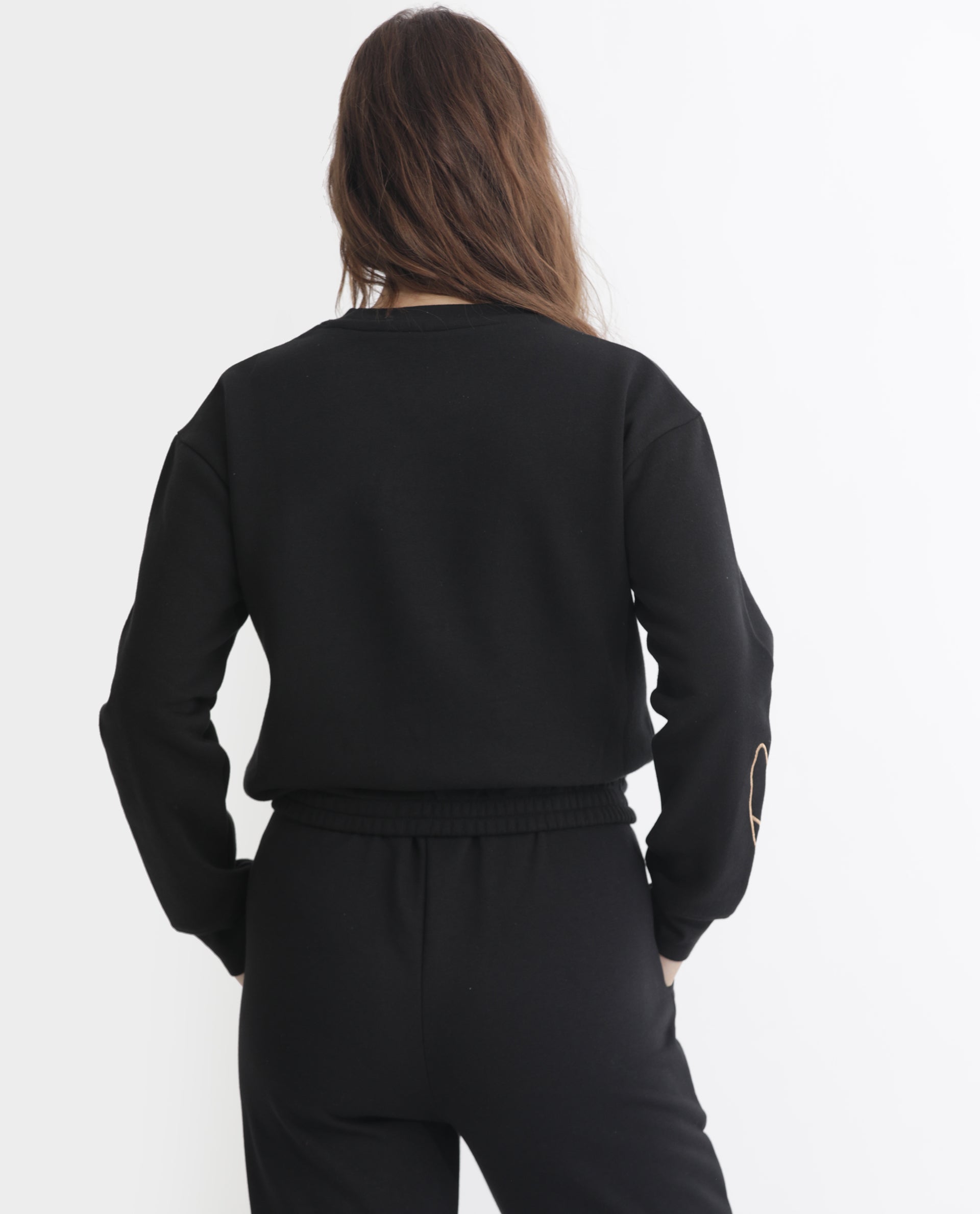 Rareism Women's Krok Black Polyester Blend Crew Neck Embroidered Cuffed Sleeve Crop Regular Fit Sweatshirt