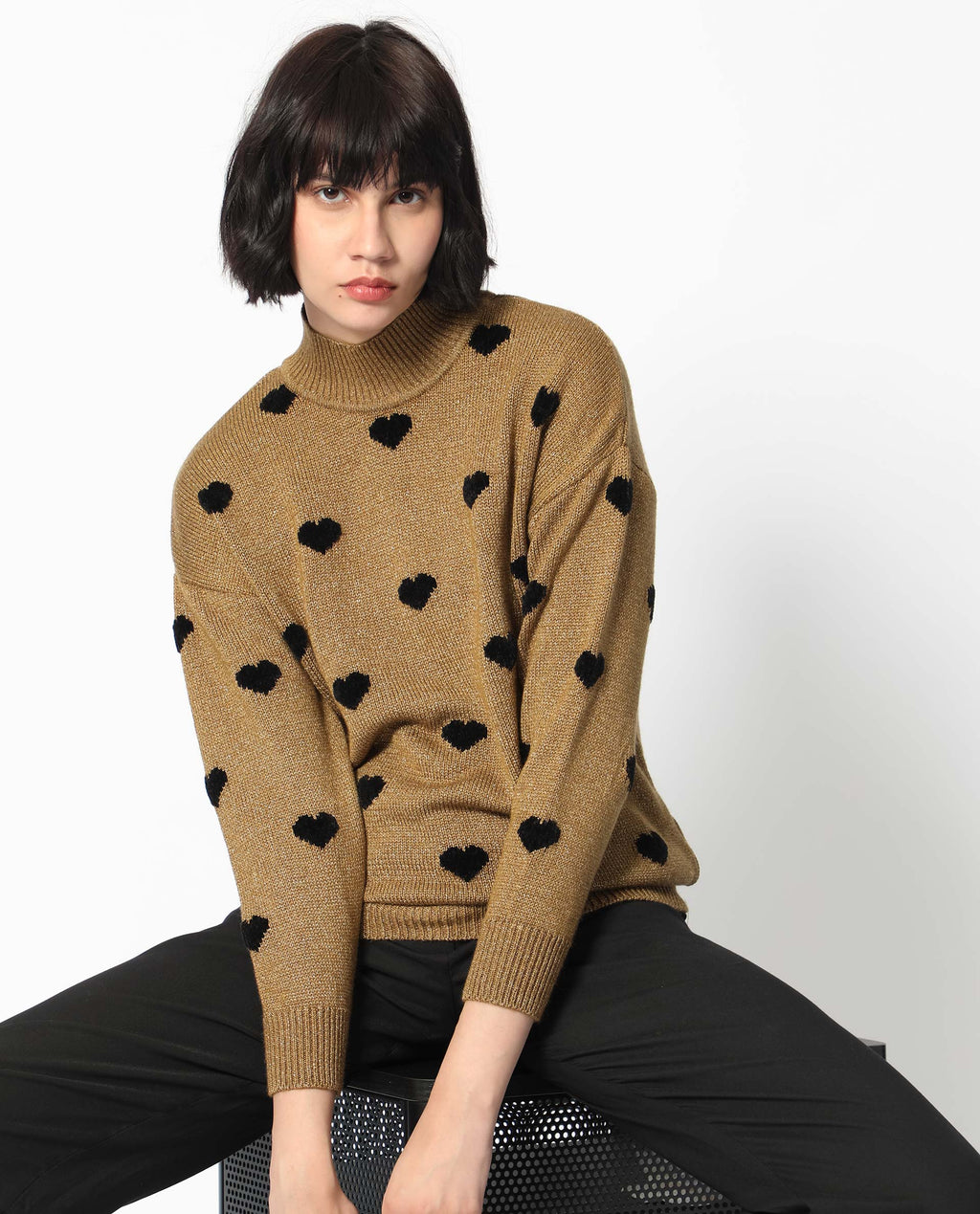 Rareism Women's Kuhret Gold Acrylic High Neck Geometric Print Regular Fit Sweater