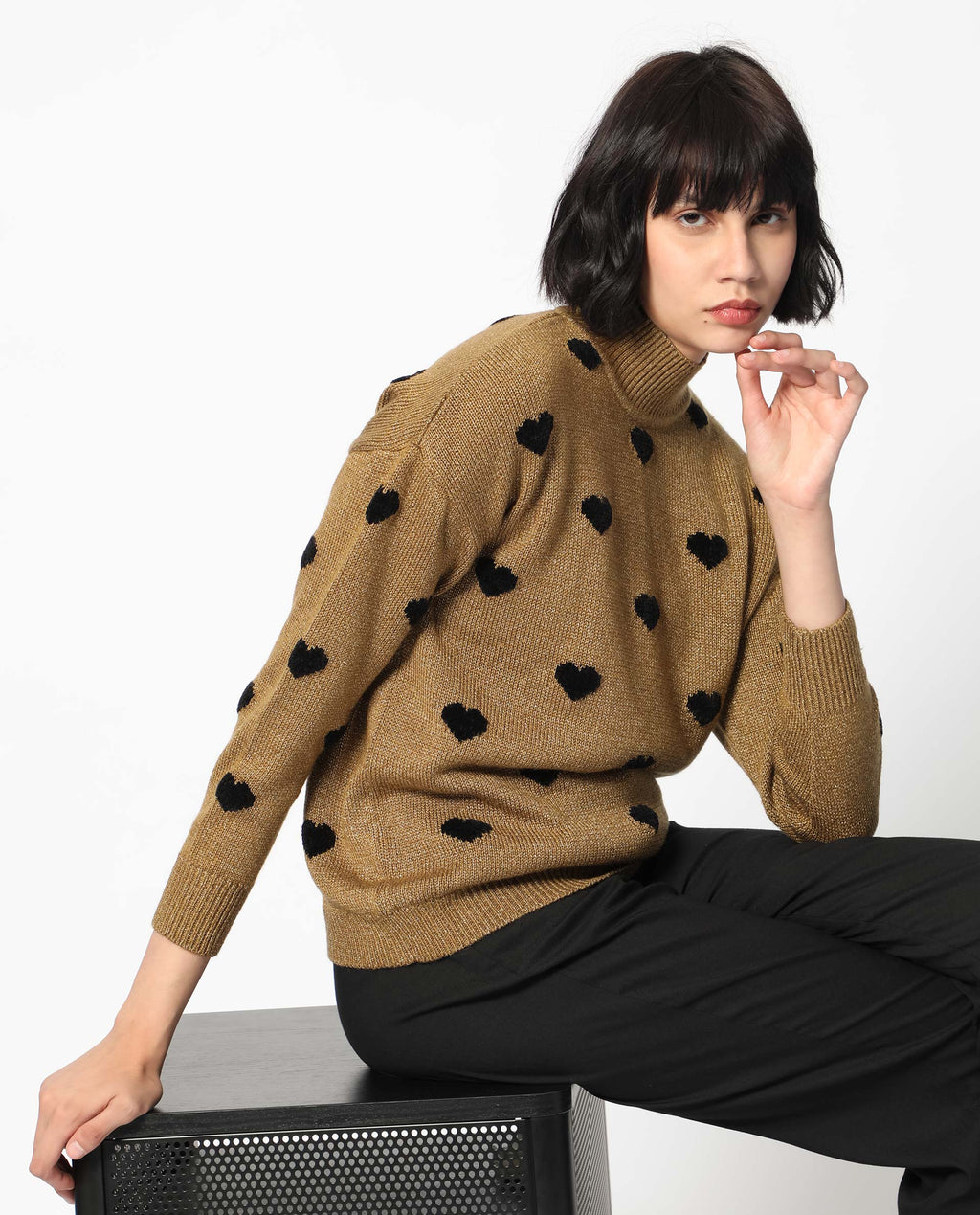 Rareism Women's Kuhret Gold Acrylic High Neck Geometric Print Regular Fit Sweater