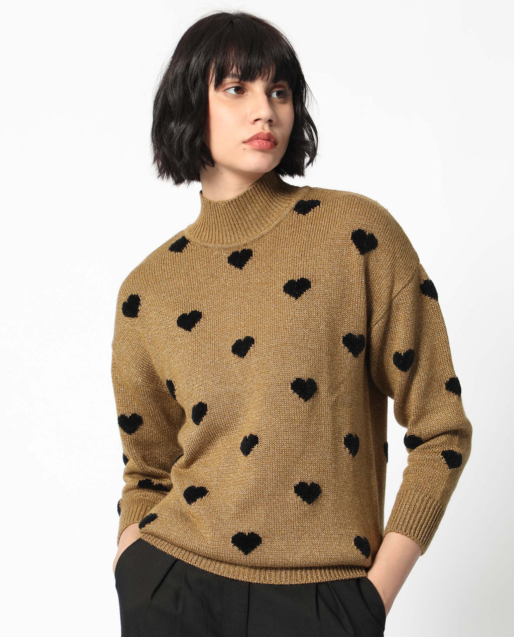 Rareism Women's Kuhret Gold Acrylic High Neck Geometric Print Regular Fit Sweater