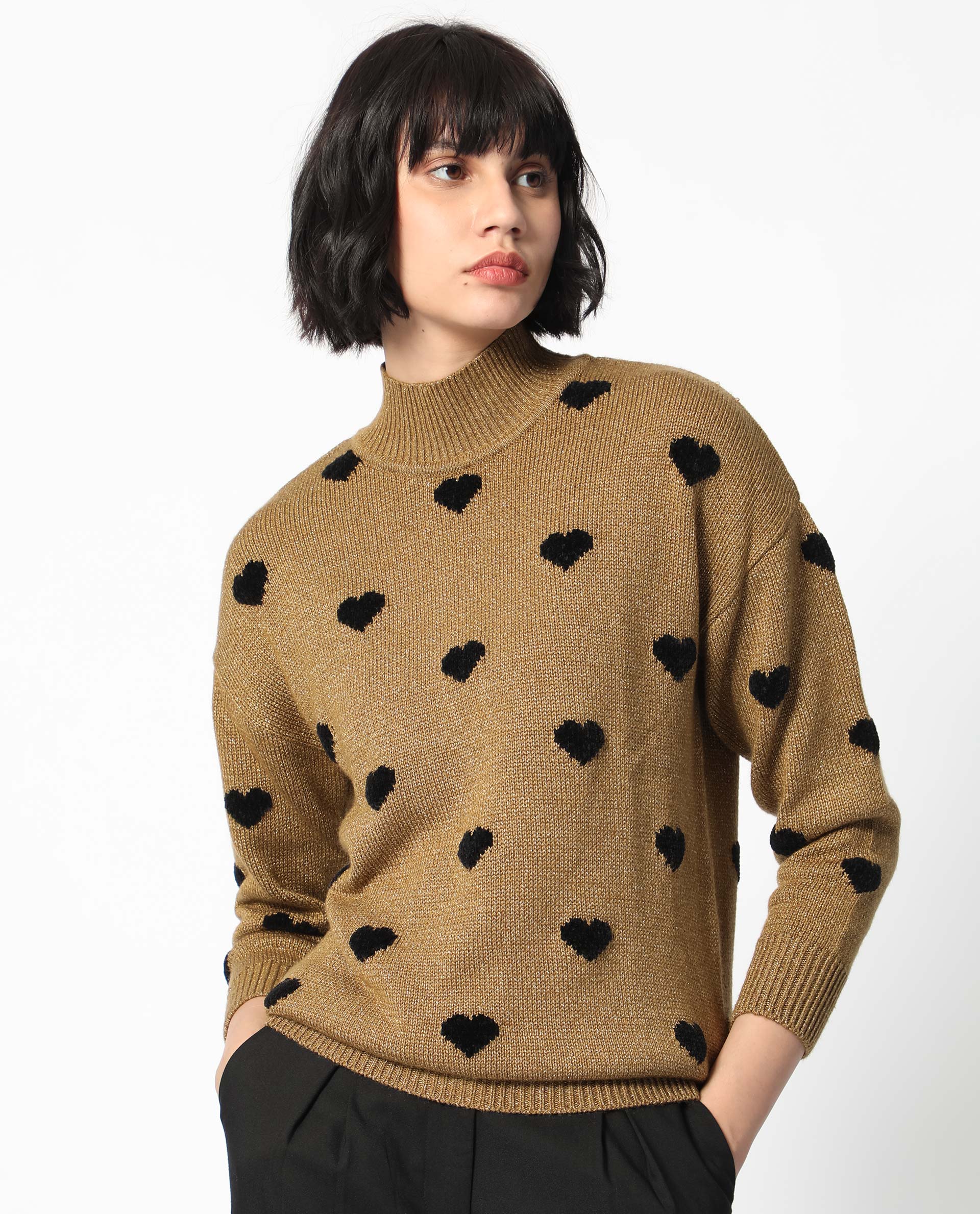 Rareism Women's Kuhret Gold Acrylic High Neck Geometric Print Regular Fit Sweater