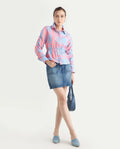 Rareism Women's Kulda Light Blue Nylon Blend Spread Collar Flannel Print Cuffed Sleeve Regular Fit Top