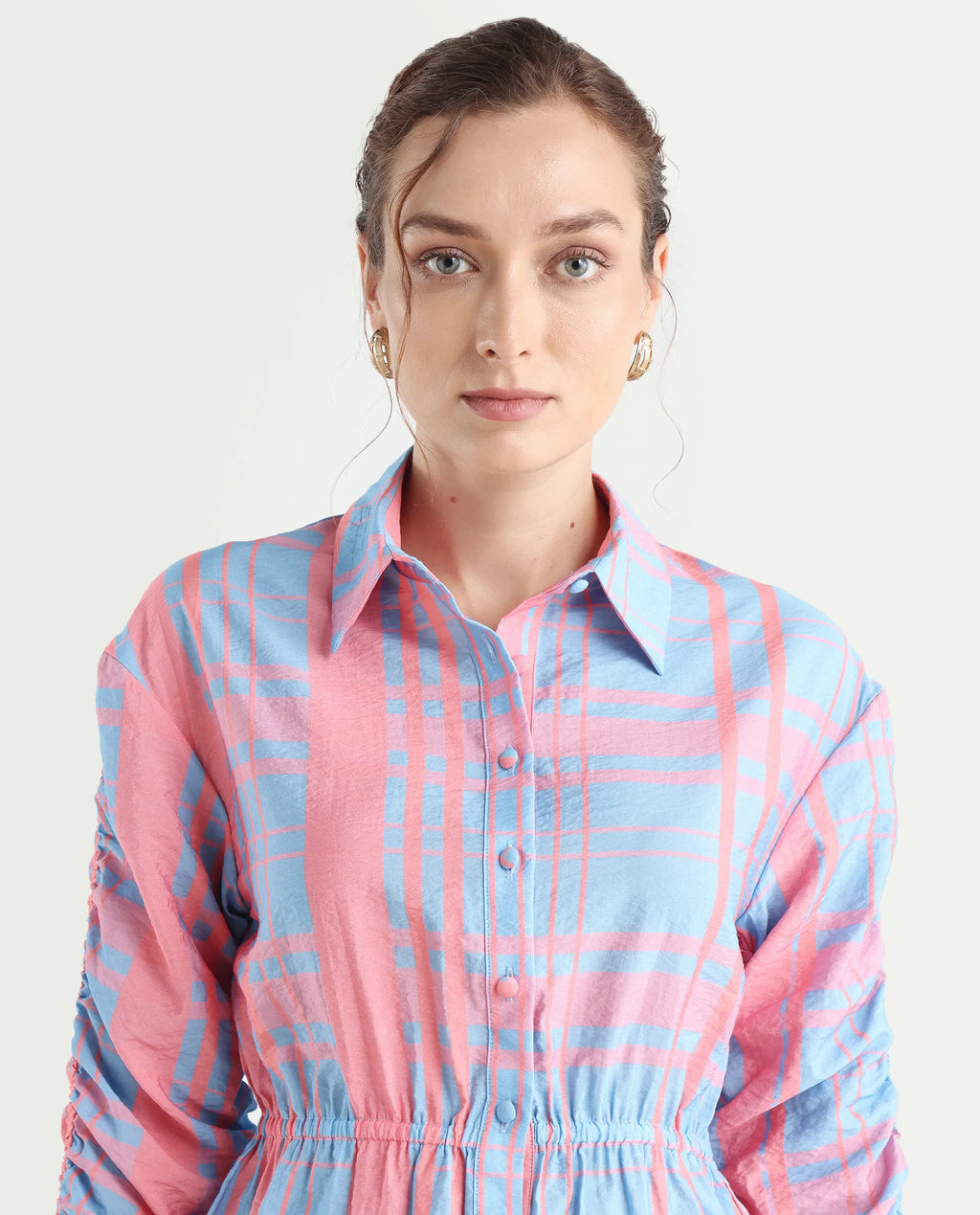 Rareism Women's Kulda Light Blue Nylon Blend Spread Collar Flannel Print Cuffed Sleeve Regular Fit Top