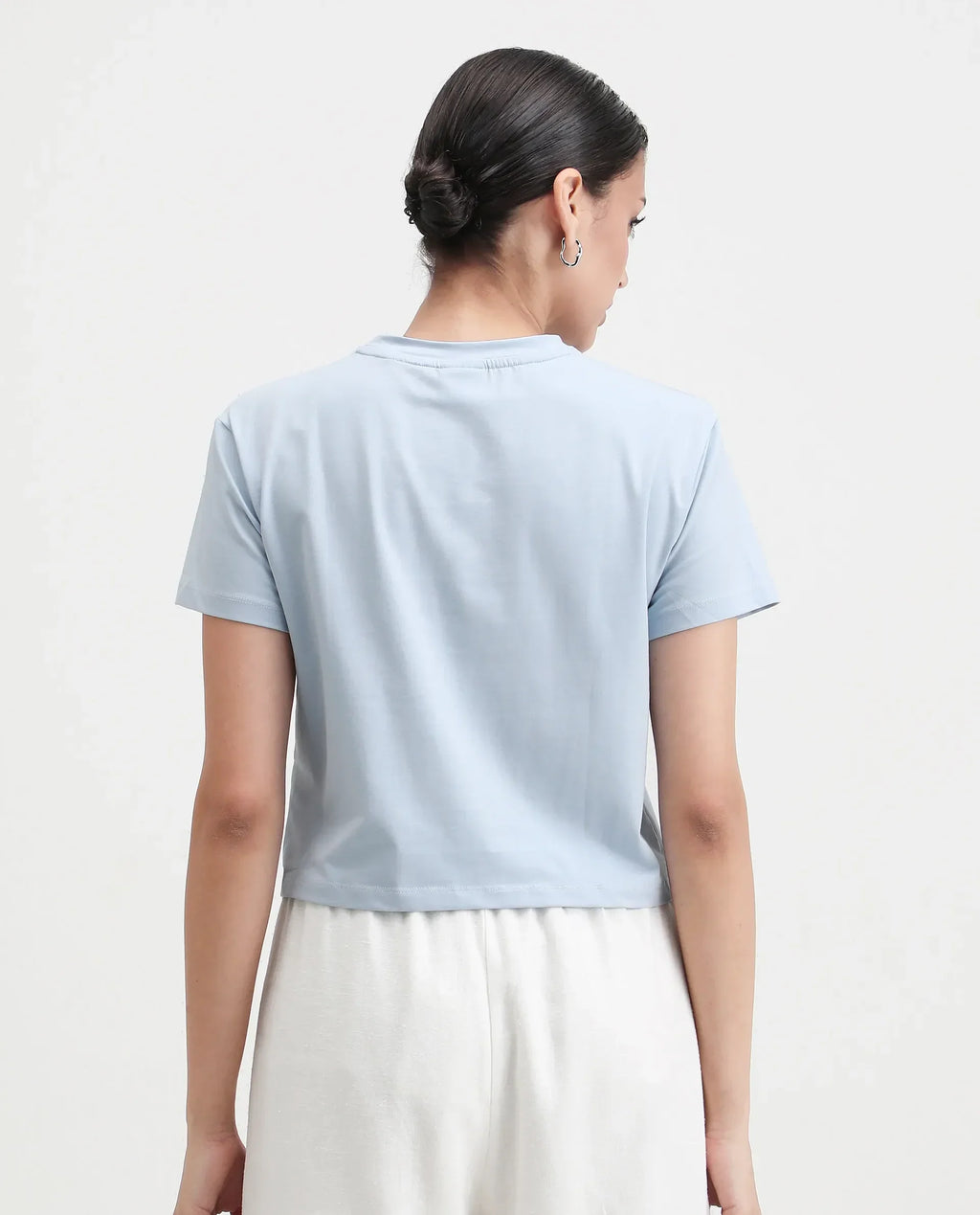 Rareism Women's Kuncro Light Blue Cotton Blend Crew Neck Graphic Print Crop Regular Fit T-Shirt