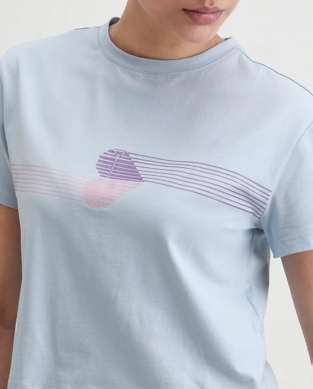 Rareism Women's Kuncro Light Blue Cotton Blend Crew Neck Graphic Print Crop Regular Fit T-Shirt