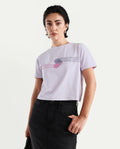 Rareism Women's Kuncro Pastel Purple Cotton Blend Crew Neck Graphic Print Crop Regular Fit T-Shirt