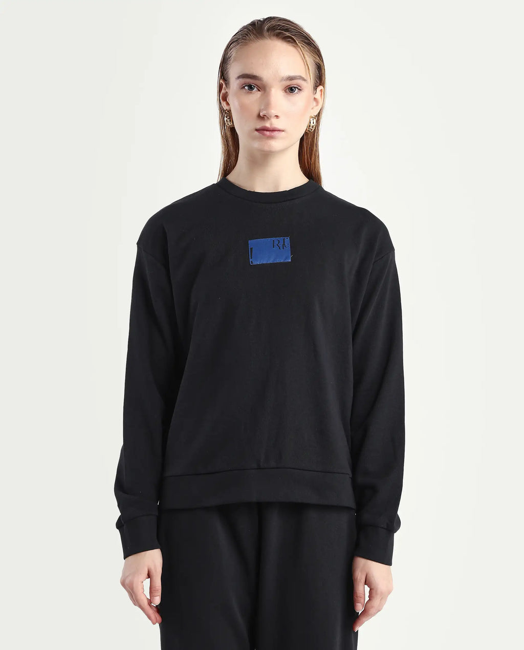 Rareism Women's Kuyum Black Cotton Blend Crew Neck Typography Print Regular Fit Sweatshirt