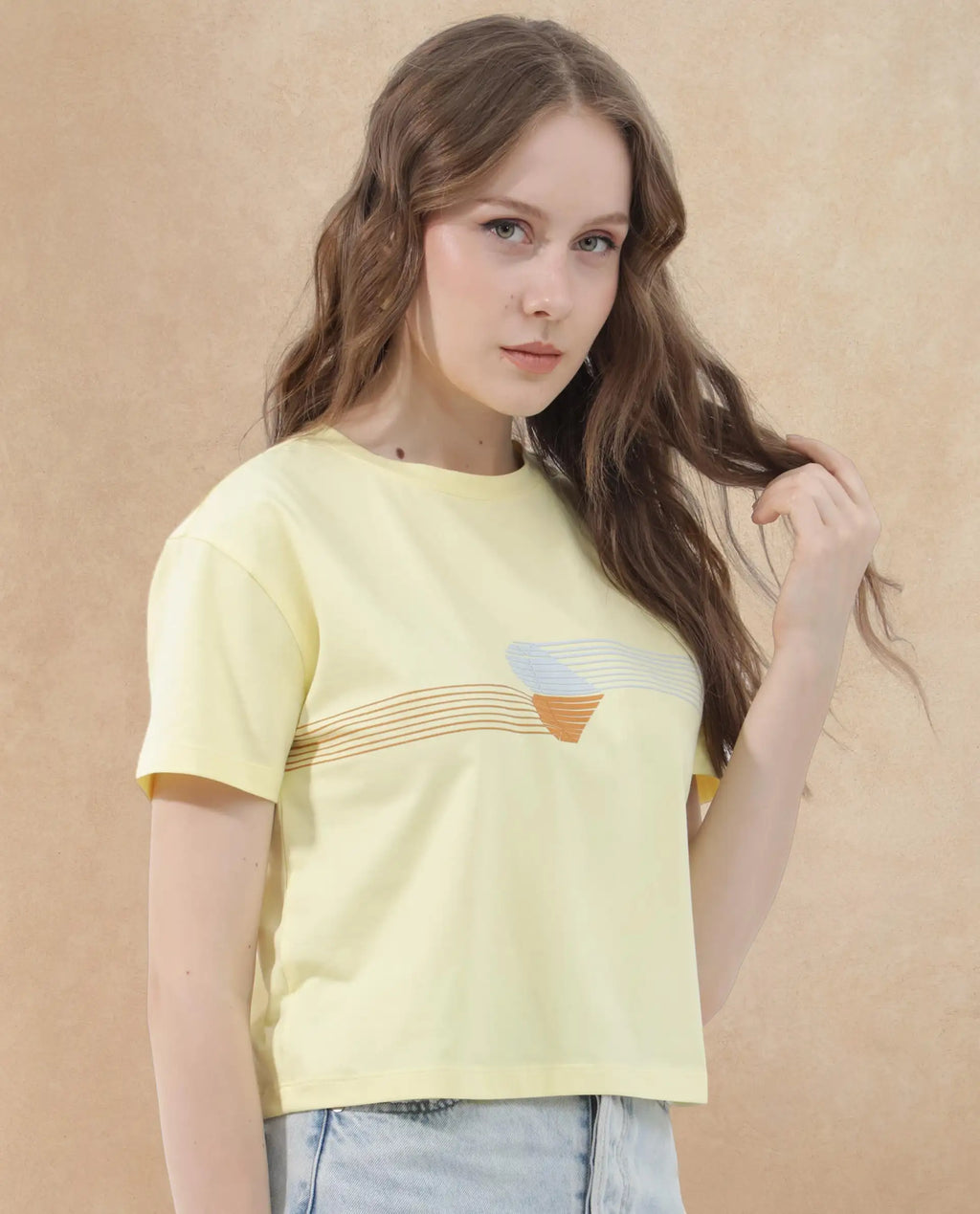 Rareism Women's Kuncro Yellow Cotton Blend Crew Neck Graphic Print Crop Regular Fit T-Shirt