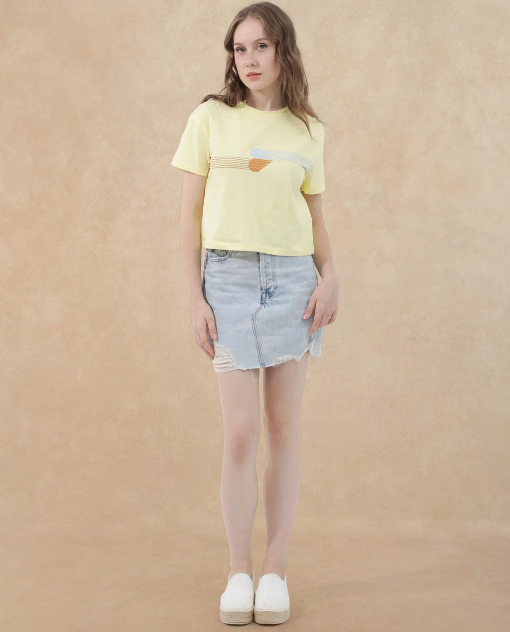 Rareism Women's Kuncro Yellow Cotton Blend Crew Neck Graphic Print Crop Regular Fit T-Shirt